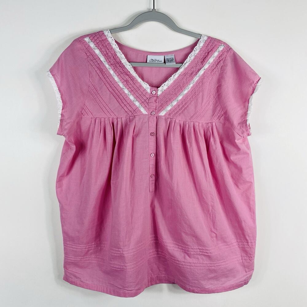 The Vermont Country Store Pajama Top Women's Large Pink Lace Trim Pintuck Cotton